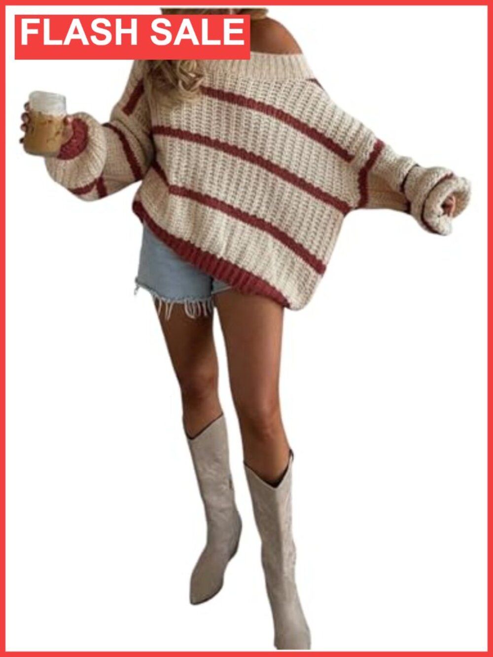 Off Shoulder Striped Pullover Sweater Drop Shoulder Loose Knit Fall Top